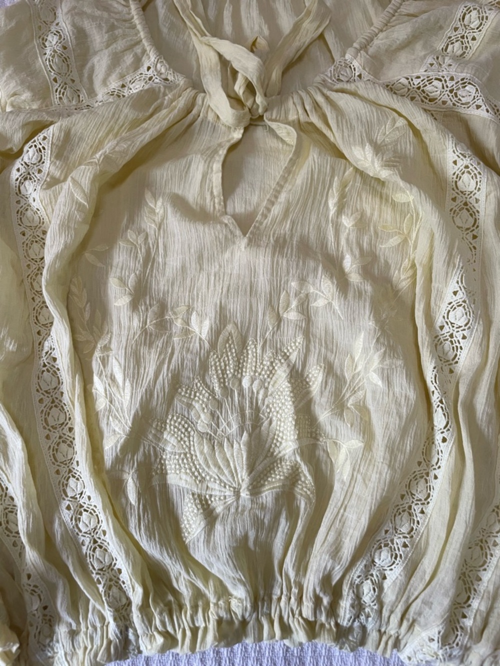 Free People Maria Boho Peasant Blouse Yellow Cottagecore Wheat XS Cotton Lace - Picture 3 of 11